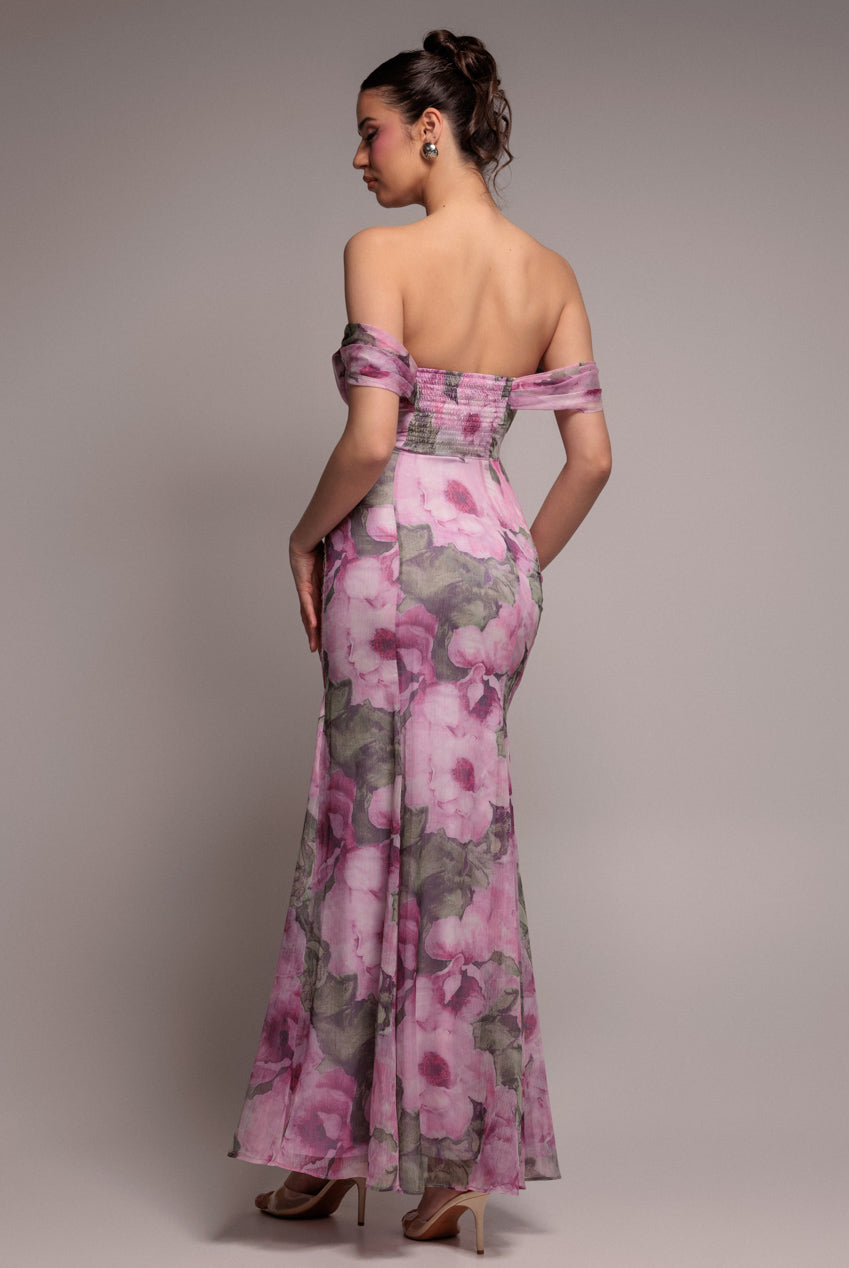 Goddiva Cowl Neck Floral Print Jacquard Chiffon Maxi Dress - Blush Pink