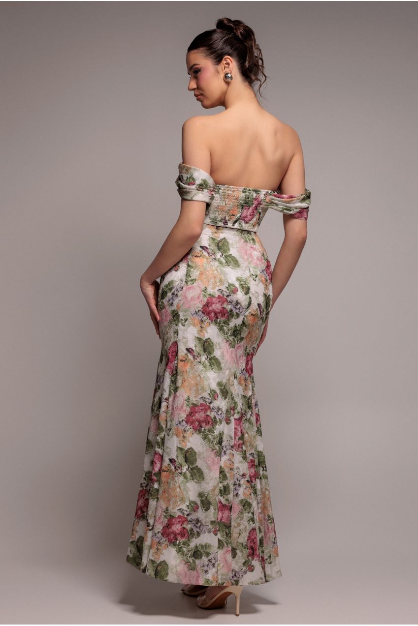 Goddiva Cowl Neck Floral Print Jacquard Chiffon Maxi Dress - Cream