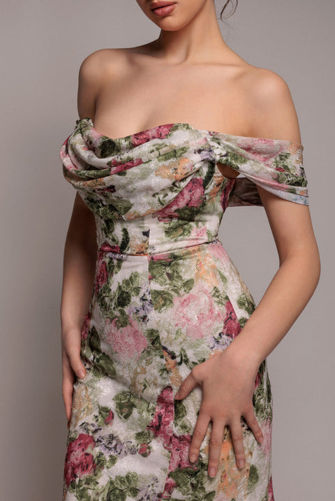 Goddiva Cowl Neck Floral Print Jacquard Chiffon Maxi Dress - Cream