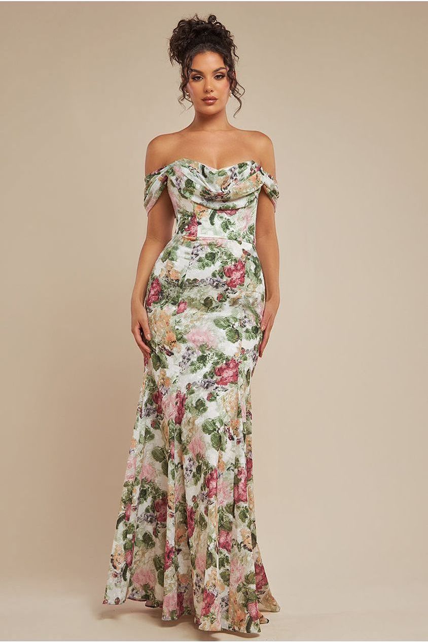 Goddiva Cowl Neck Floral Print Jacquard Chiffon Maxi Dress - Cream