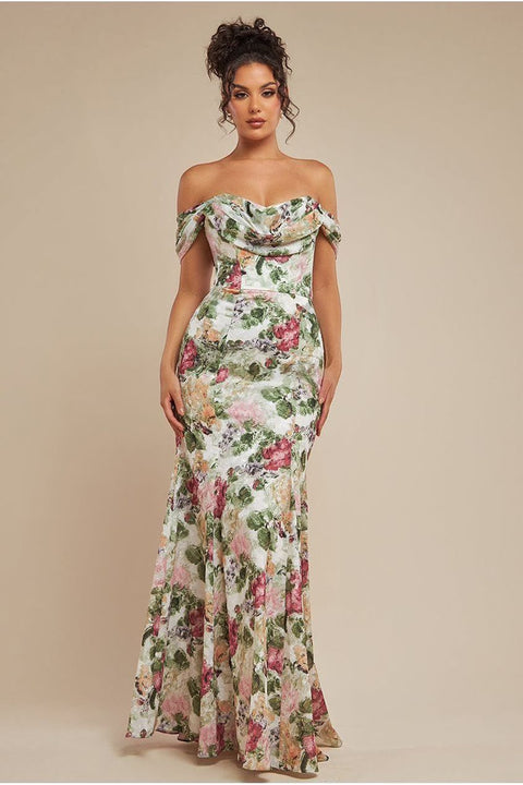 Goddiva Cowl Neck Floral Print Jacquard Chiffon Maxi Dress - Cream