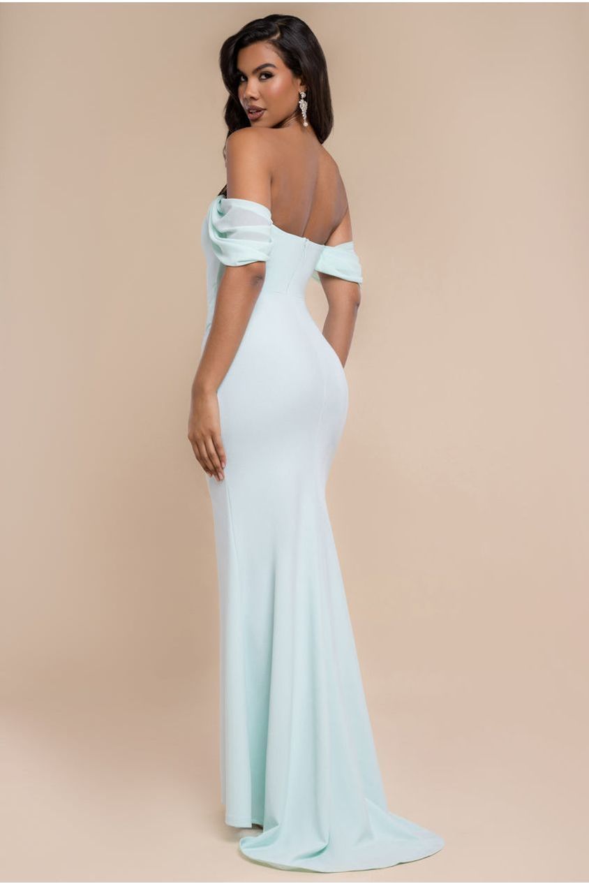 Goddiva Off The Shoulder Draped Sleeve Maxi Dress With Diamante Neckline - Mint Green