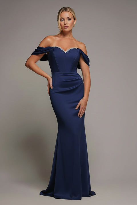 Goddiva Off The Shoulder Draped Sleeve Maxi Dress With Diamante Neckline - Navy Blue