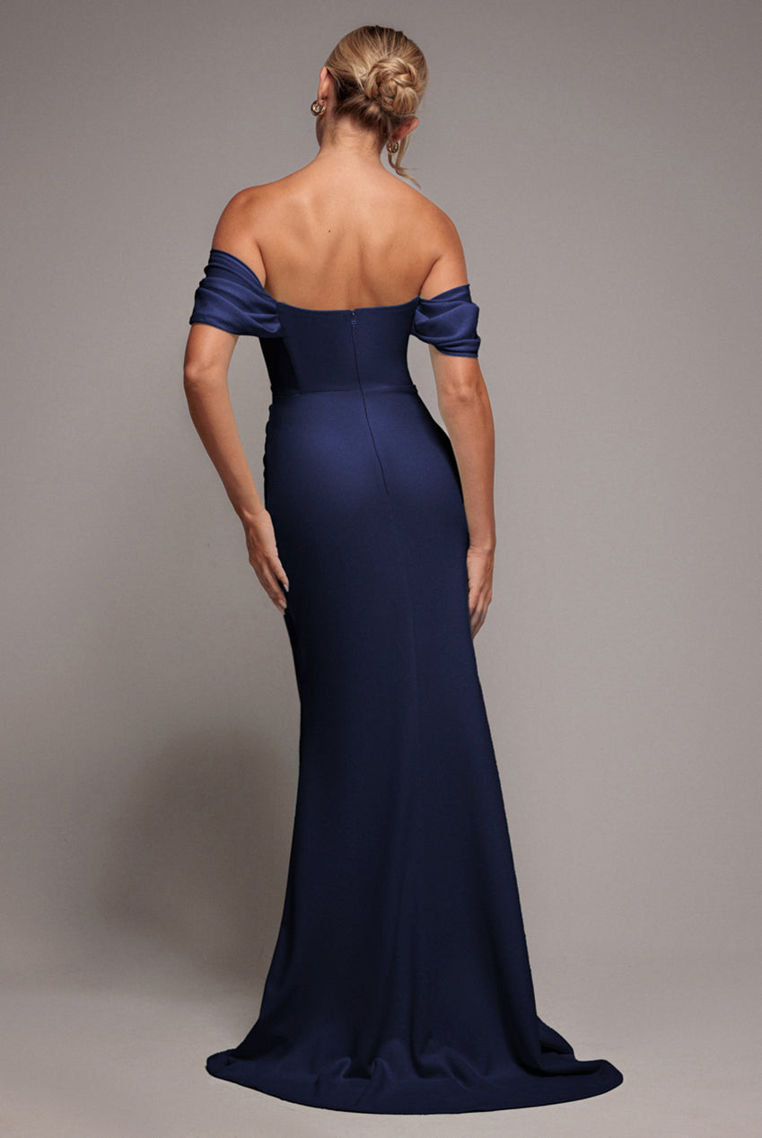 Goddiva Off The Shoulder Draped Sleeve Maxi Dress With Diamante Neckline - Navy Blue