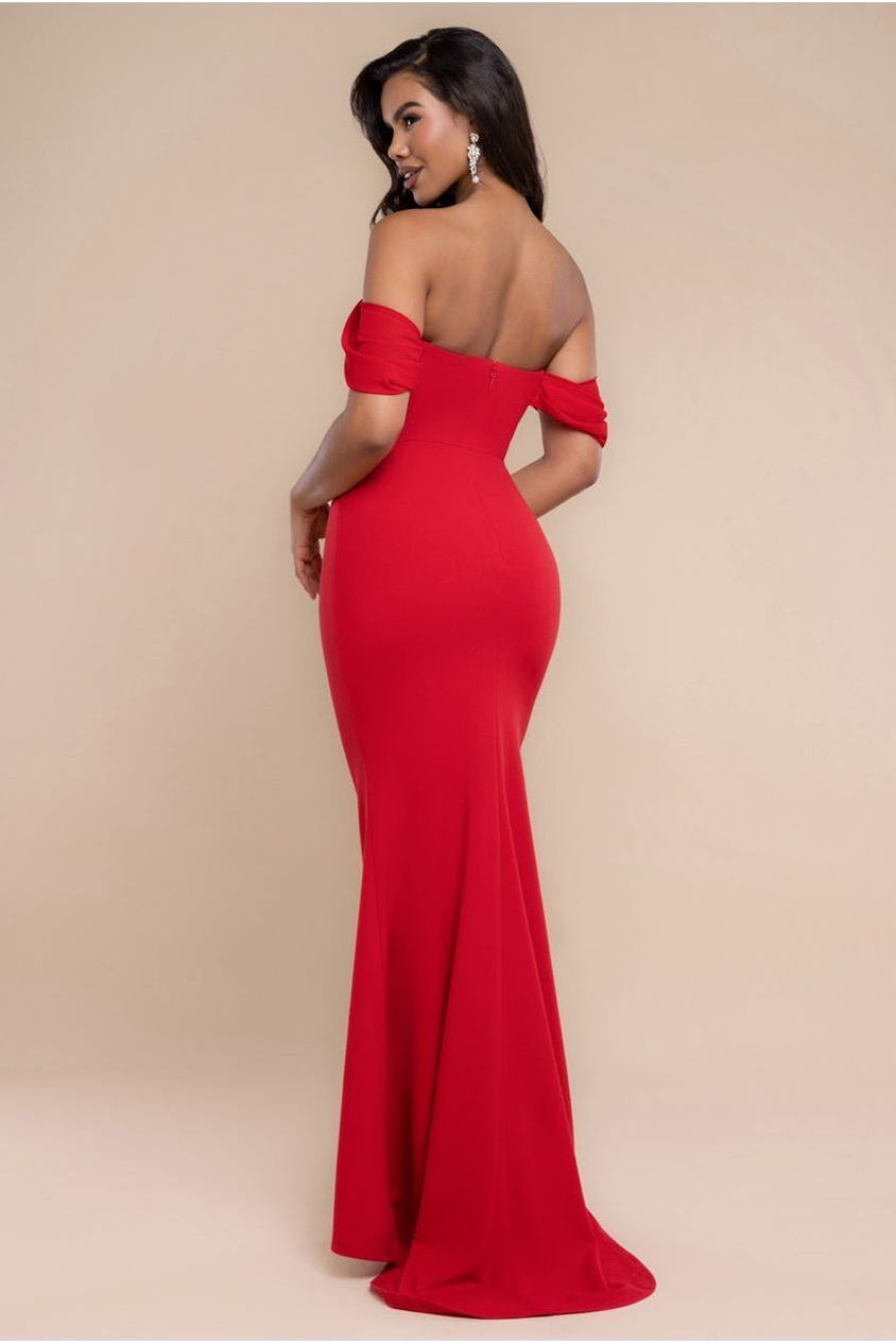 Goddiva Off The Shoulder Draped Sleeve Maxi Dress With Diamante Neckline - Red