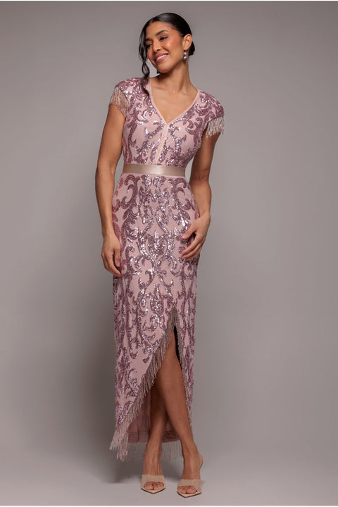 Goddiva Embroidered Sequin Tassel Front Split Midaxi Dress - Blush Pink