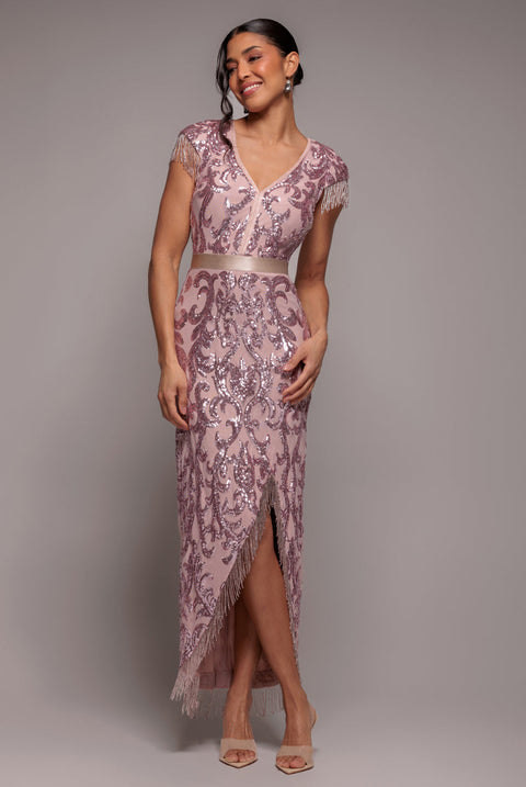 Goddiva Embroidered Sequin Tassel Front Split Midaxi Dress - Blush Pink