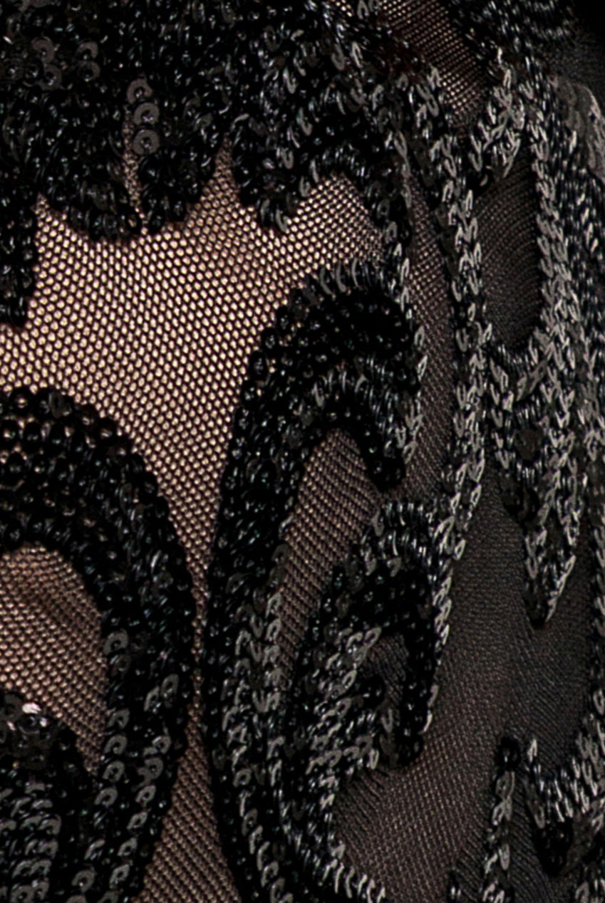 Goddiva Embroidered Sequin Tassel Front Split Midaxi Dress - Black