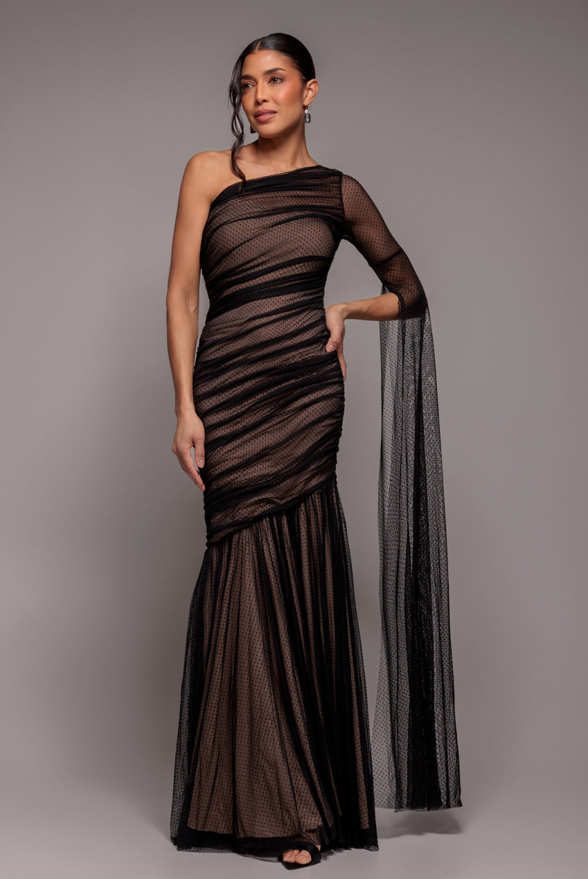 Goddiva Gathered One Sleeve Angel Wing Mermaid Maxi Dress - Black
