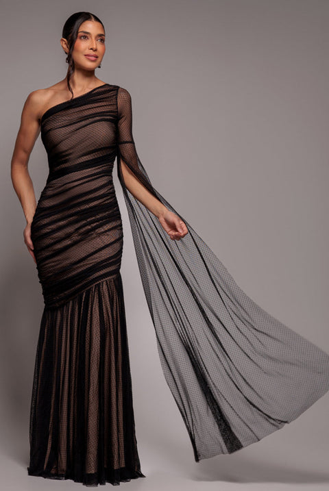 Goddiva Gathered One Sleeve Angel Wing Mermaid Maxi Dress - Black