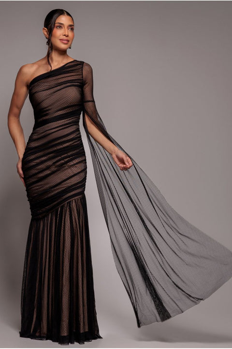 Goddiva Gathered One Sleeve Angel Wing Mermaid Maxi Dress - Black