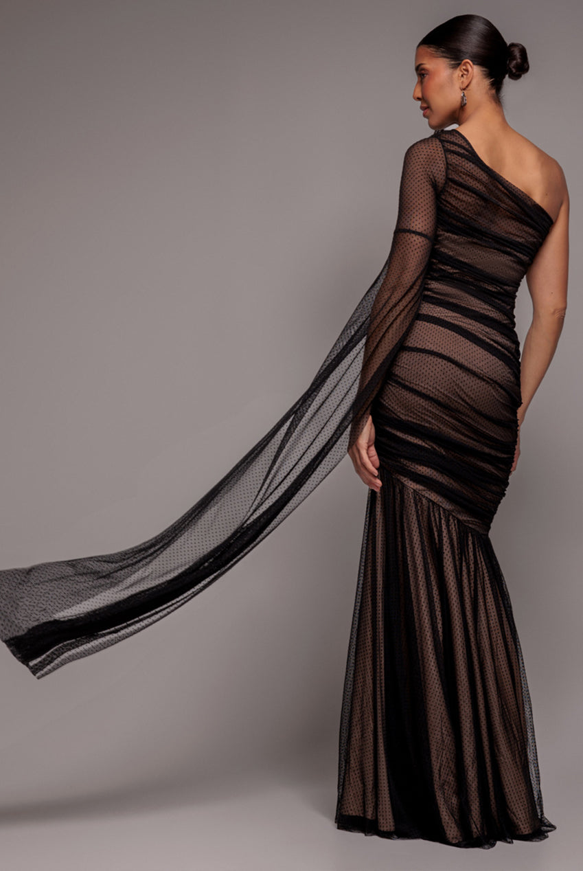 Goddiva Gathered One Sleeve Angel Wing Mermaid Maxi Dress - Black