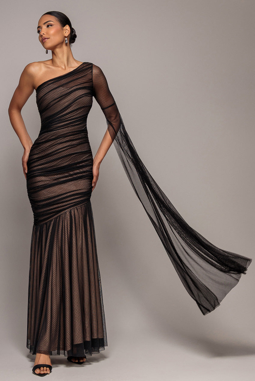 Goddiva Gathered One Sleeve Angel Wing Mermaid Maxi Dress - Black