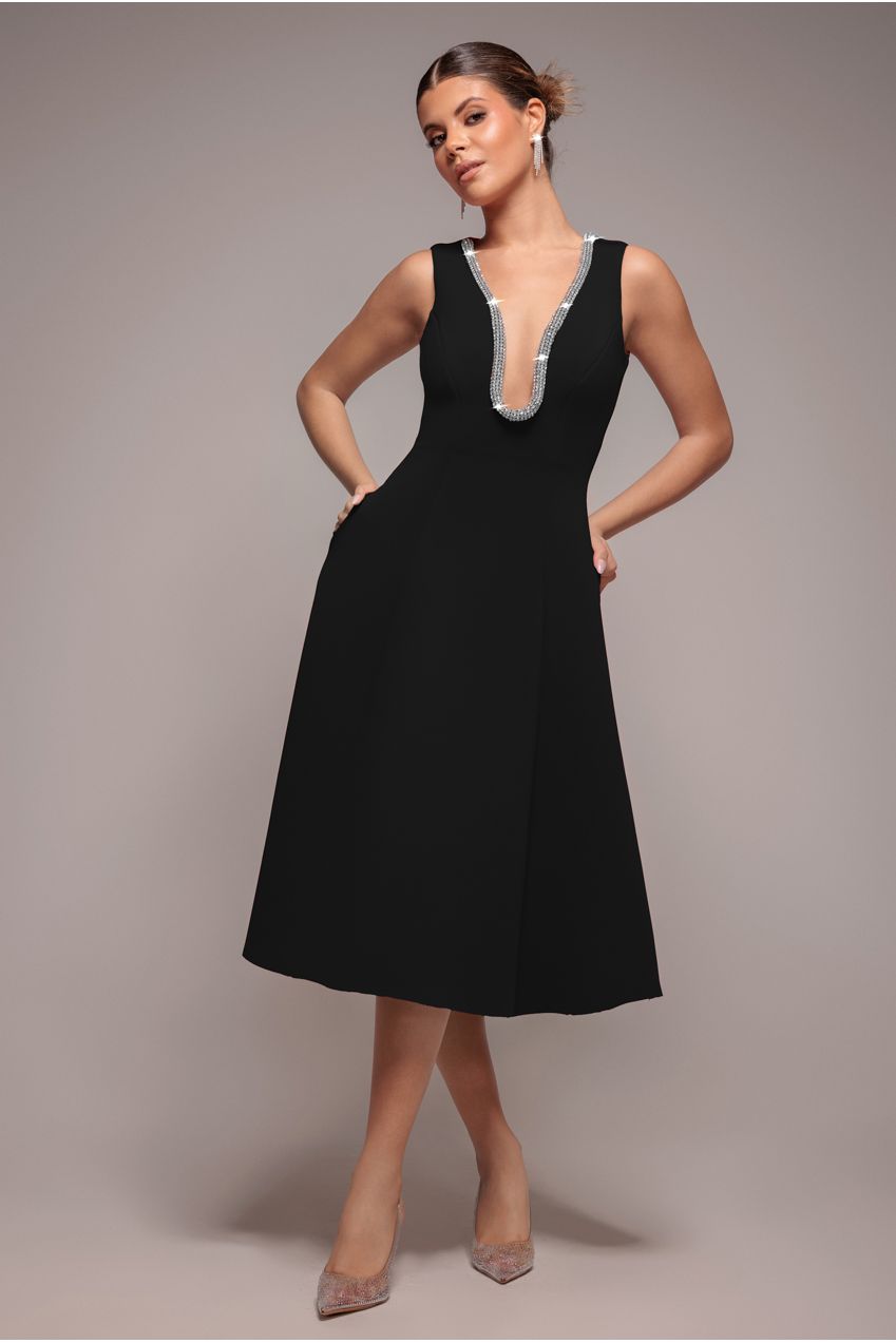 Goddiva Diamante Embellished Neck A-Line Midi Dress - Black