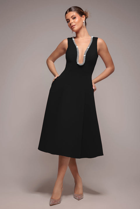 Goddiva Diamante Embellished Neck A-Line Midi Dress - Black