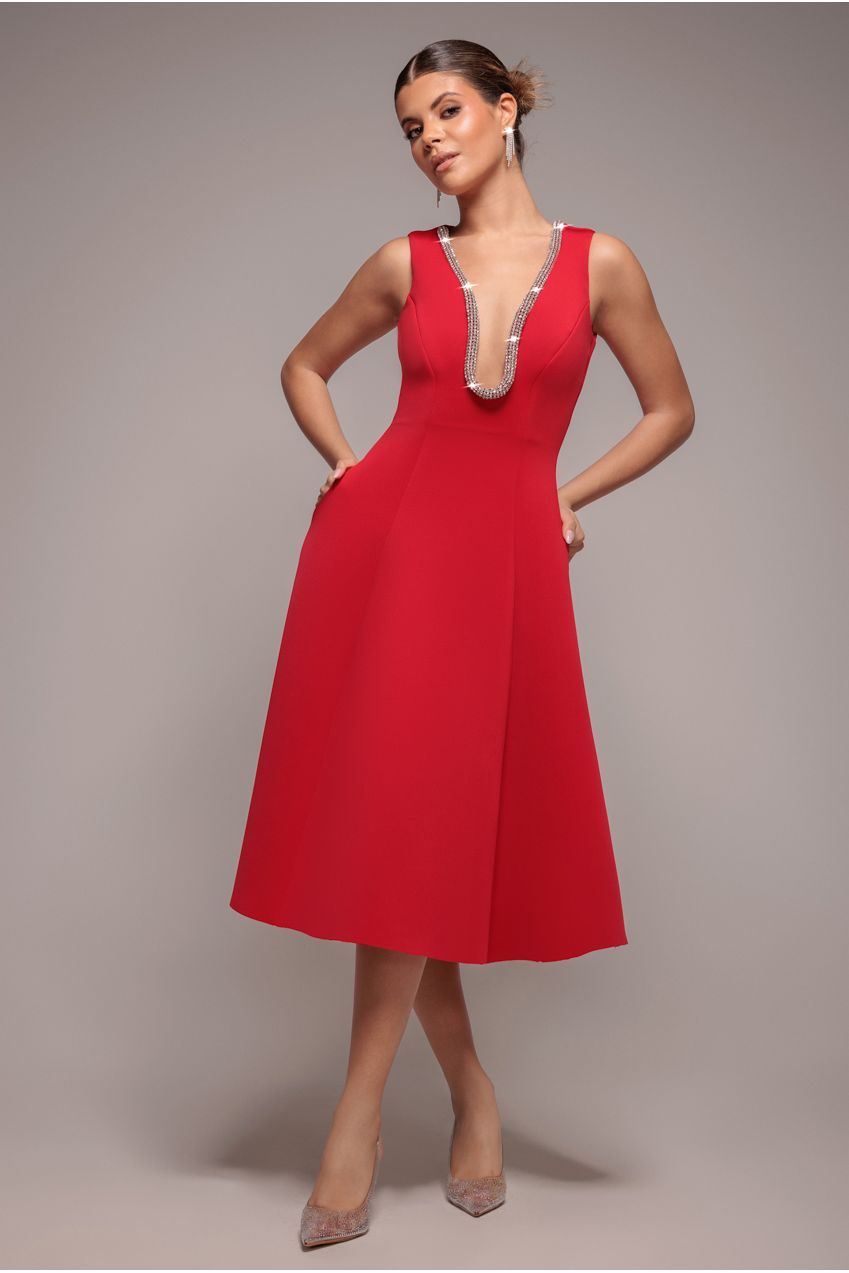 Goddiva Diamante Embellished Neck A-Line Midi Dress - Red
