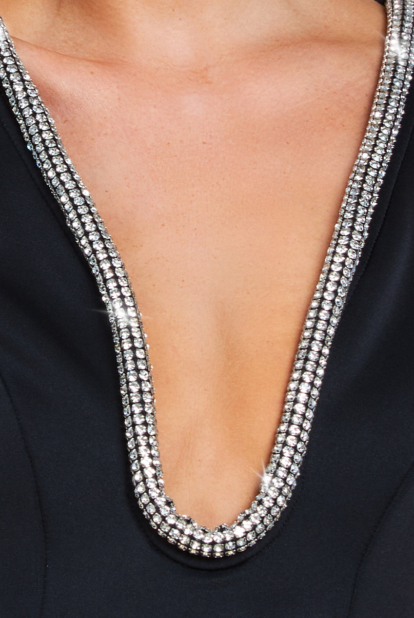 Goddiva Diamante Embellished Neck A-Line Midi Dress - Black