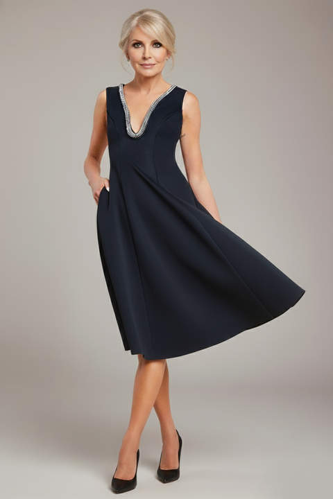 Goddiva Diamante Embellished Neck A-Line Midi Dress - Black