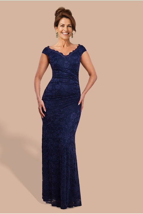 Goddiva Off The Shoulder Scalloped Neck Maxi Dress - Navy Blue