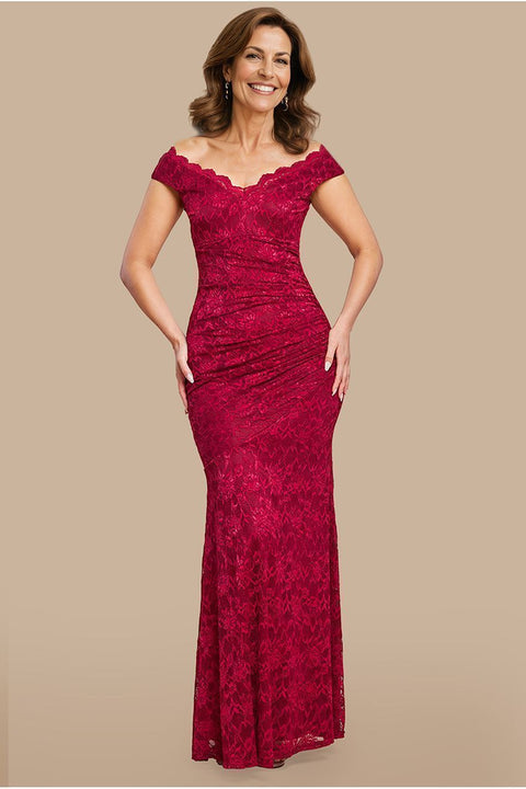 Goddiva Off The Shoulder Scalloped Neck Maxi Dress - Wine