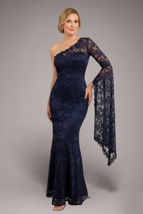 Goddiva One Shoulder Scalloped Neck Maxi Dress - Navy Blue