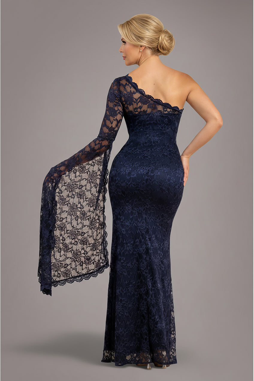 Goddiva One Shoulder Scalloped Neck Maxi Dress - Navy Blue