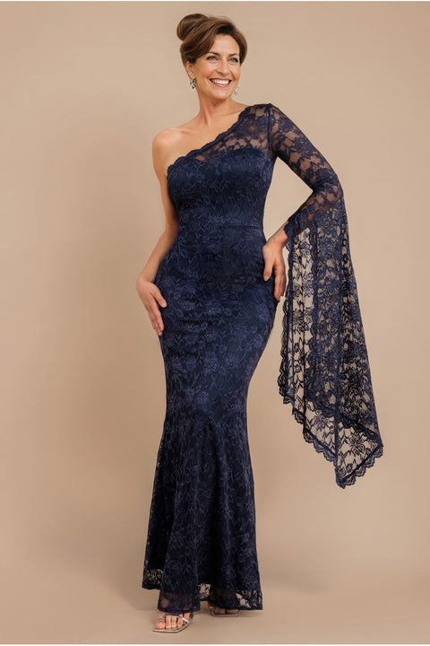 Goddiva One Shoulder Scalloped Neck Maxi Dress - Navy Blue