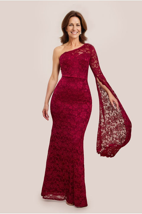 Goddiva One Shoulder Scalloped Neck Maxi Dress - Wine