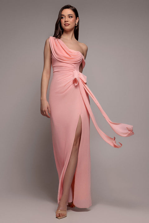Goddiva One Shoulder Cowl With Bow Detail Maxi Dress - Blush Pink