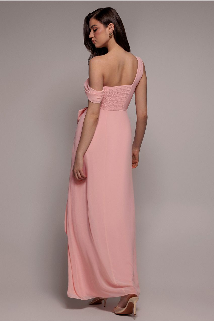 Goddiva One Shoulder Cowl With Bow Detail Maxi Dress - Blush Pink