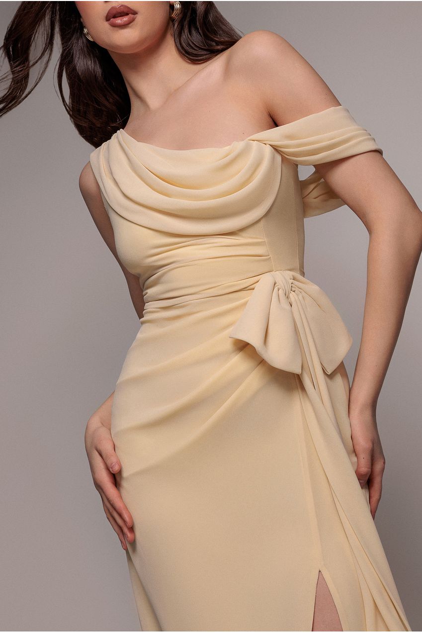 Goddiva One Shoulder Cowl With Bow Detail Maxi Dress - Butter Yellow