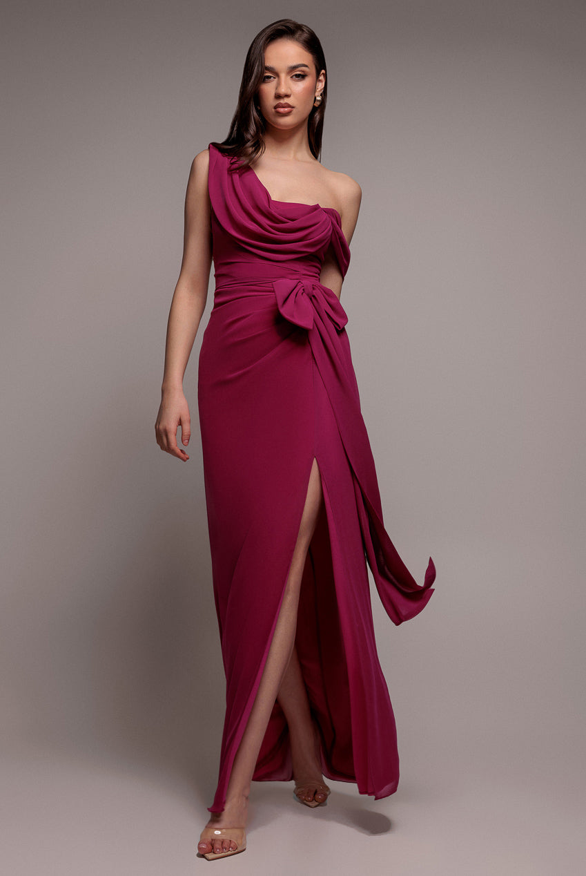 Goddiva One Shoulder Cowl With Bow Detail Maxi Dress - Magenta