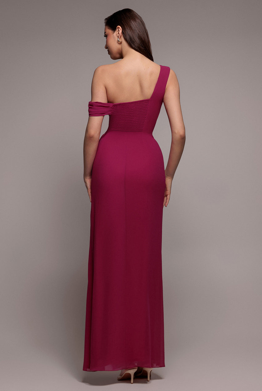Goddiva One Shoulder Cowl With Bow Detail Maxi Dress - Magenta