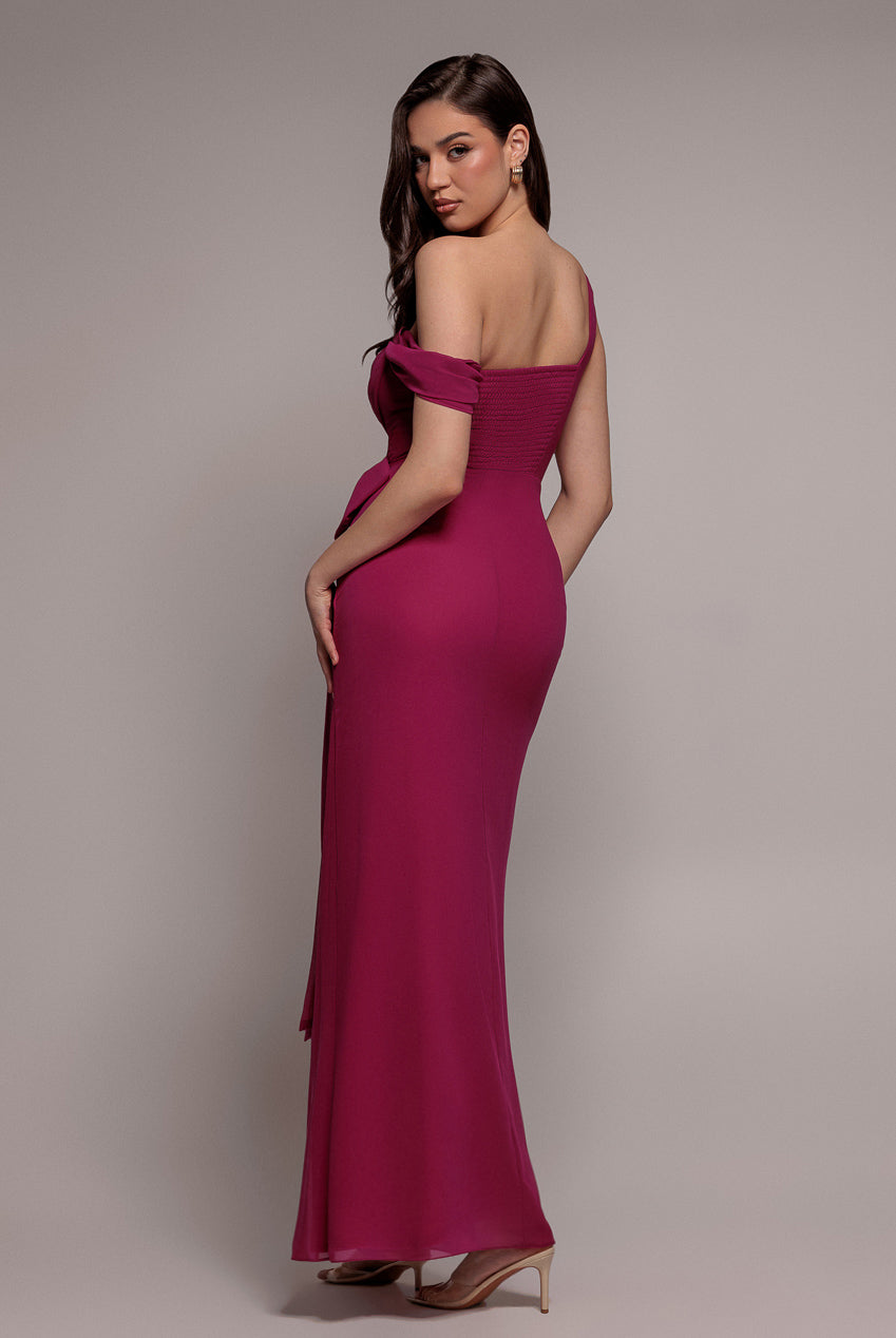 Goddiva One Shoulder Cowl With Bow Detail Maxi Dress - Magenta