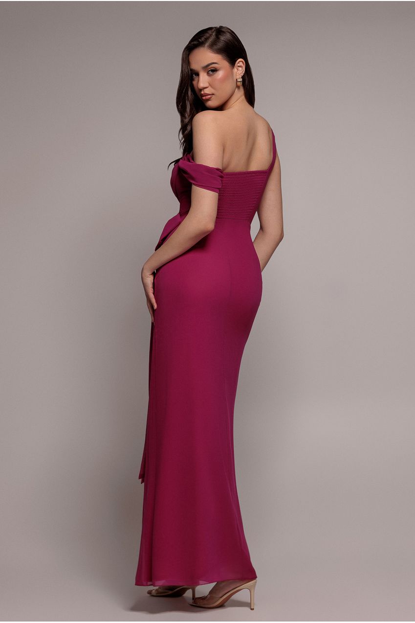 Goddiva One Shoulder Cowl With Bow Detail Maxi Dress - Magenta