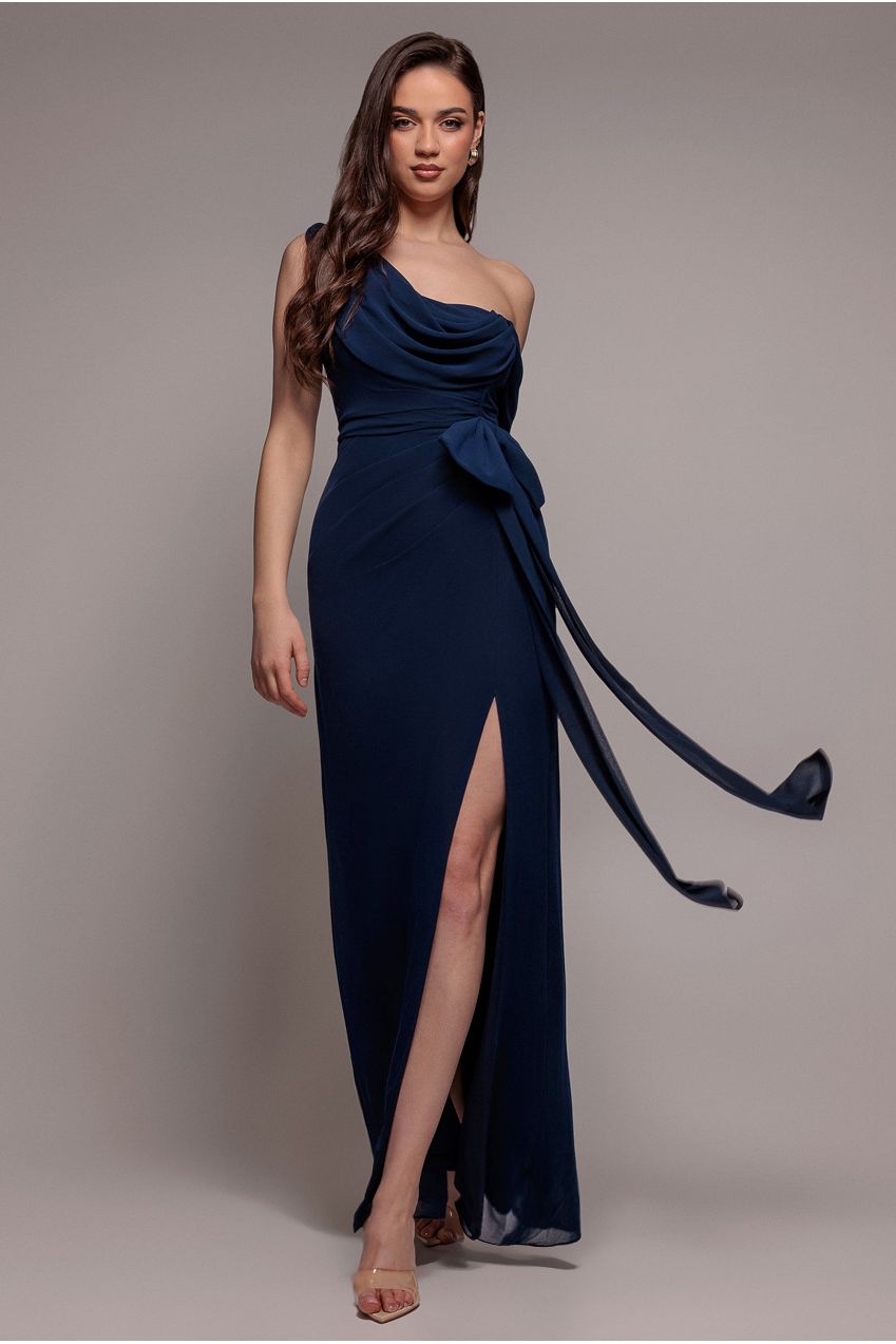 Goddiva One Shoulder Cowl With Bow Detail Maxi Dress - Navy Blue