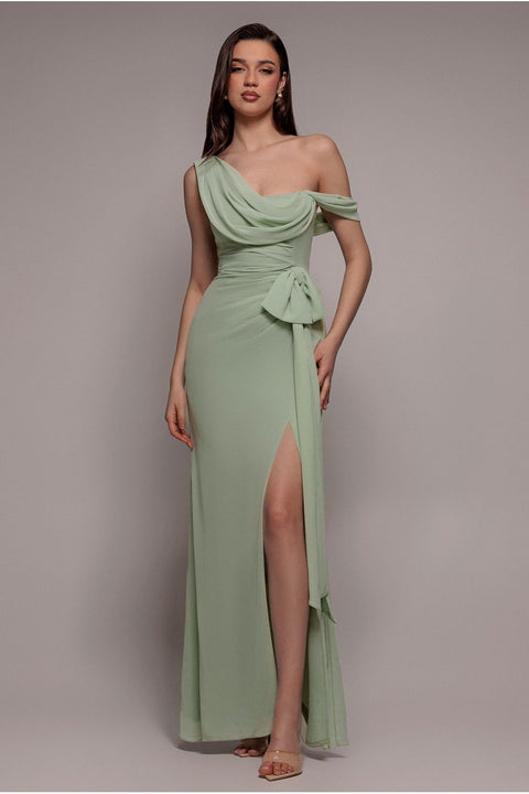 Goddiva One Shoulder Cowl With Bow Detail Maxi Dress - Sage Green