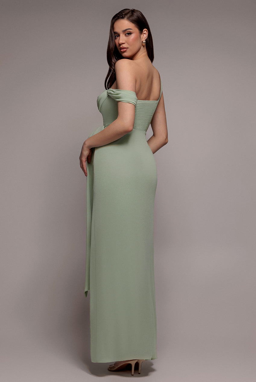 Goddiva One Shoulder Cowl With Bow Detail Maxi Dress - Sage Green