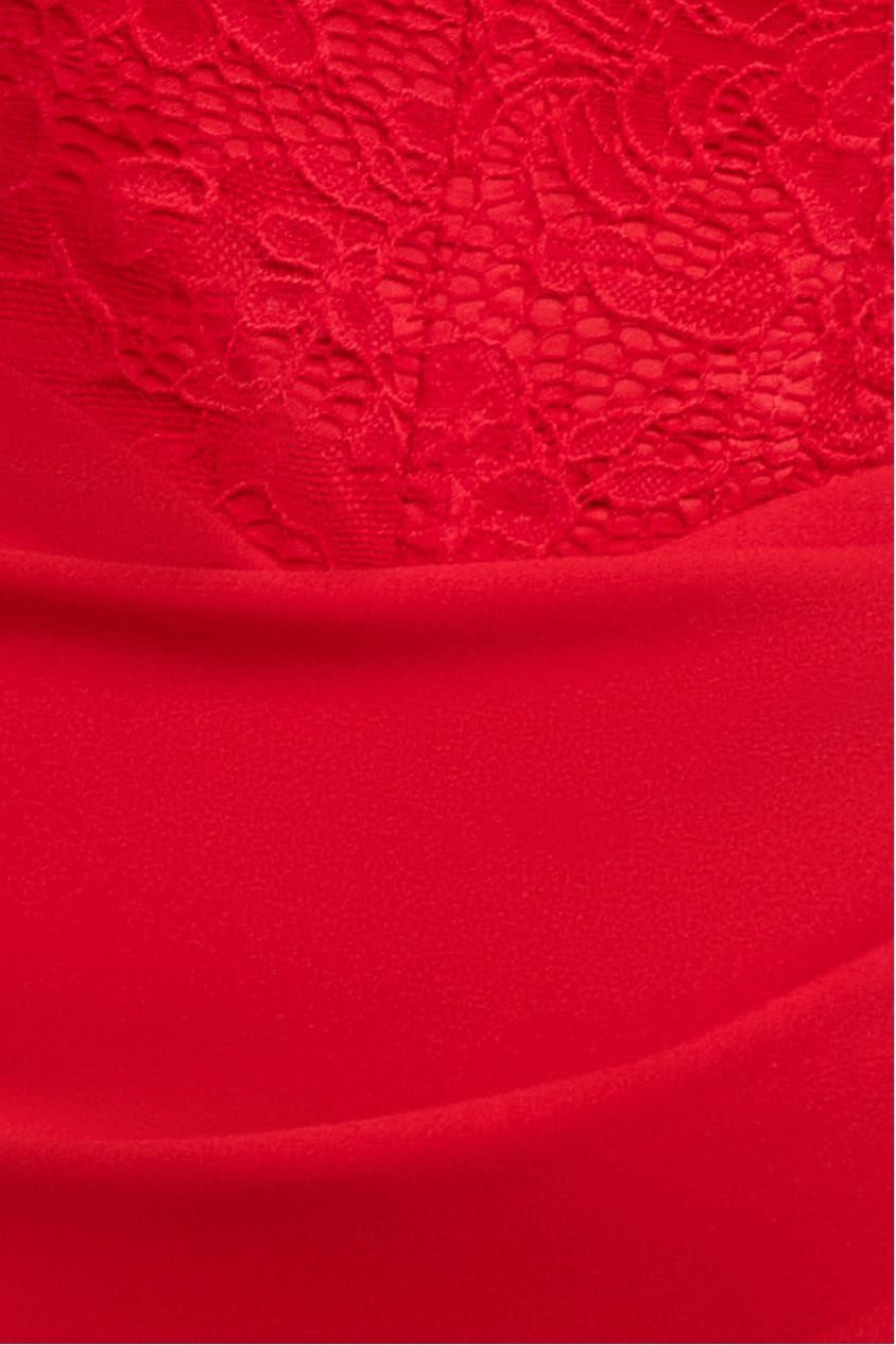 Goddiva One Shoulder Organza Fan Detail Lace Bodice Midi Dress - Red