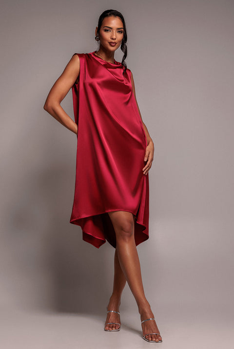 Goddiva Cowl Neck Back Wing Satin High Low Midi Dress - Berry