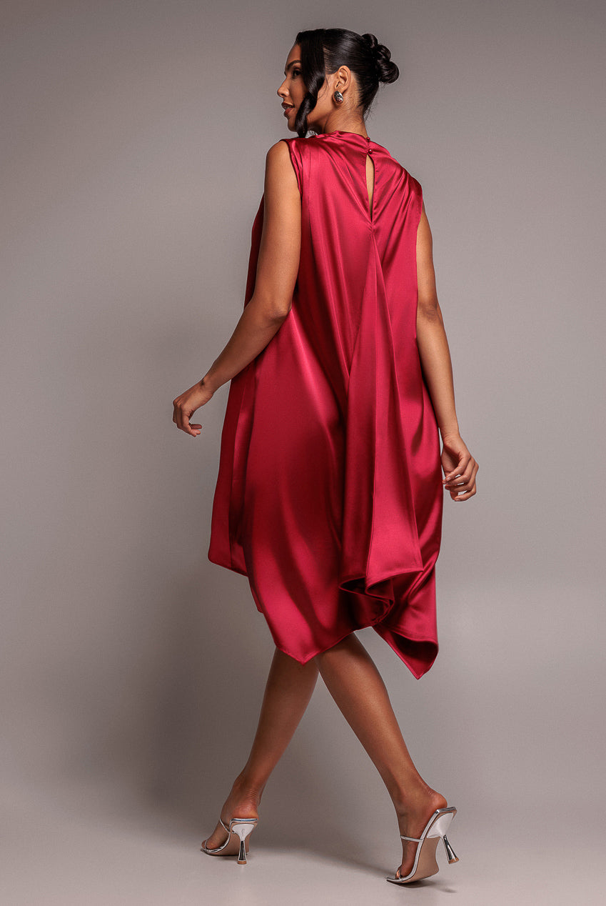 Goddiva Cowl Neck Back Wing Satin High Low Midi Dress - Berry