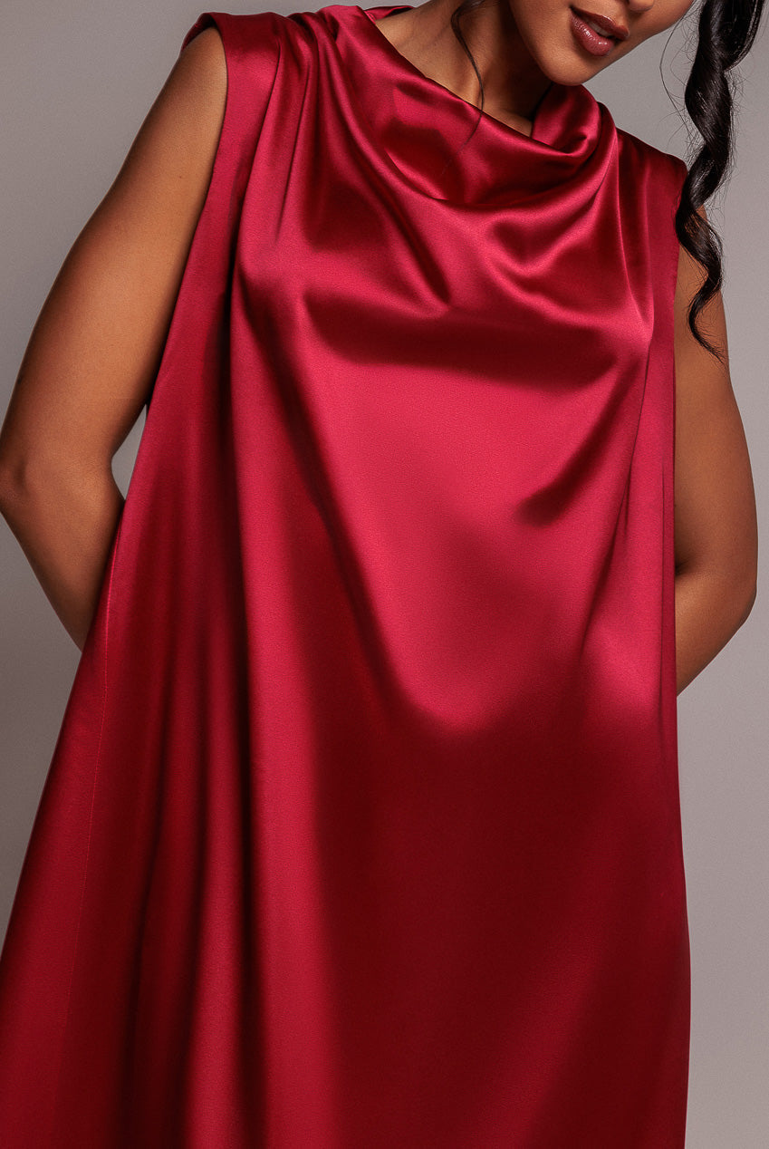 Goddiva Cowl Neck Back Wing Satin High Low Midi Dress - Berry