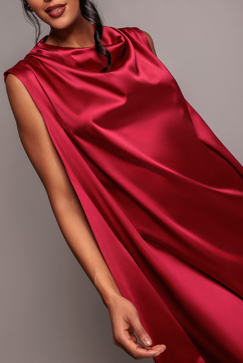 Goddiva Cowl Neck Back Wing Satin High Low Midi Dress - Berry