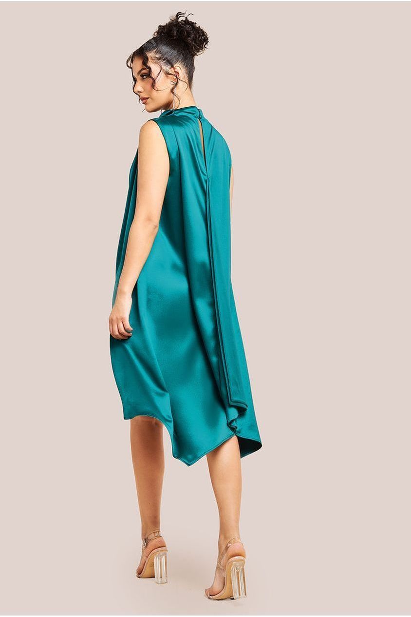 Goddiva Cowl Neck Back Wing Satin High Low Midi Dress - Emerald Green