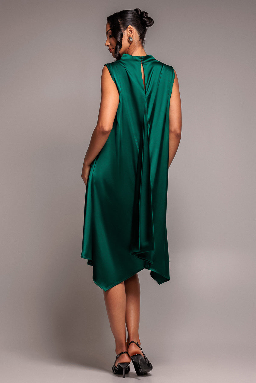 Goddiva Cowl Neck Back Wing Satin High Low Midi Dress - Emerald Green