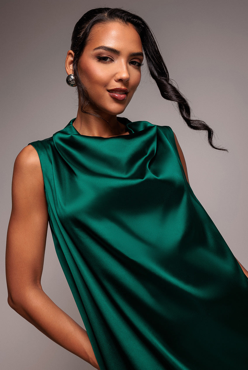 Goddiva Cowl Neck Back Wing Satin High Low Midi Dress - Emerald Green