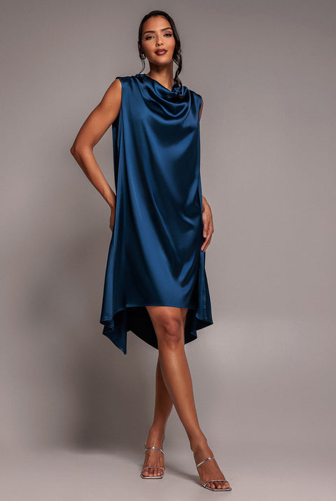 Goddiva Cowl Neck Back Wing Satin High Low Midi Dress - Navy Blue