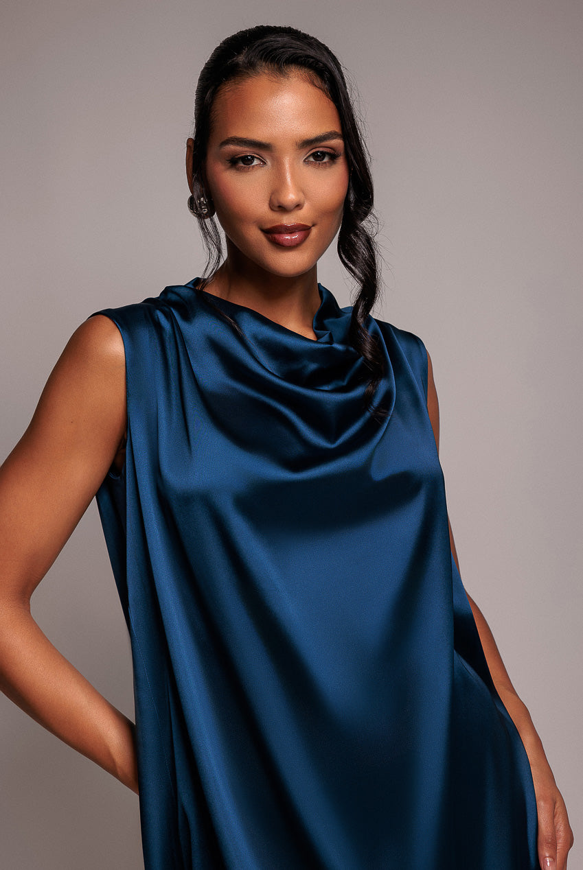 Goddiva Cowl Neck Back Wing Satin High Low Midi Dress - Navy Blue
