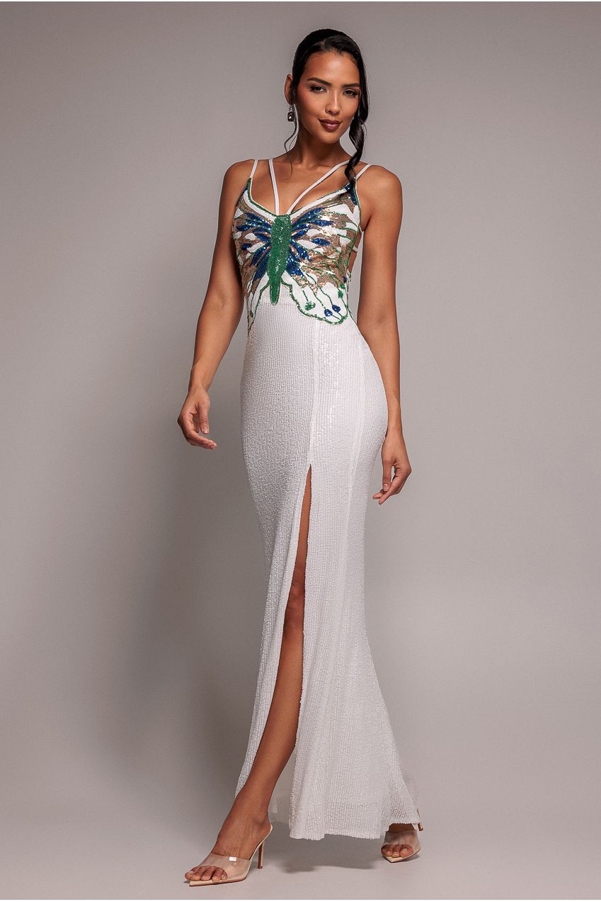 Goddiva Sequin Butterfly Front Split Maxi Dress - White