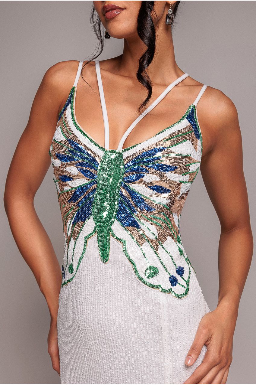 Goddiva Sequin Butterfly Front Split Maxi Dress - White